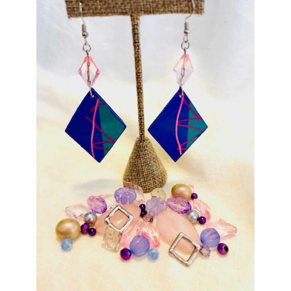 Handmade 80s Retro Style Geometric Dangle Earrings Purple Pink Abstract Art